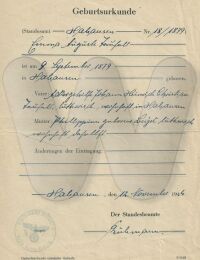 Geburtsurkunde 1879 Emma Taufall