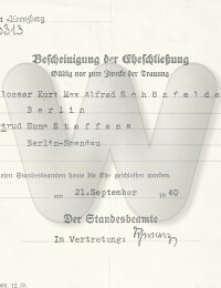Bescheinigung der Eheschließung Schönfelder-Steffens 1940-09-21