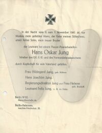 Todesanzeige 1941 Hans Oskar Jung